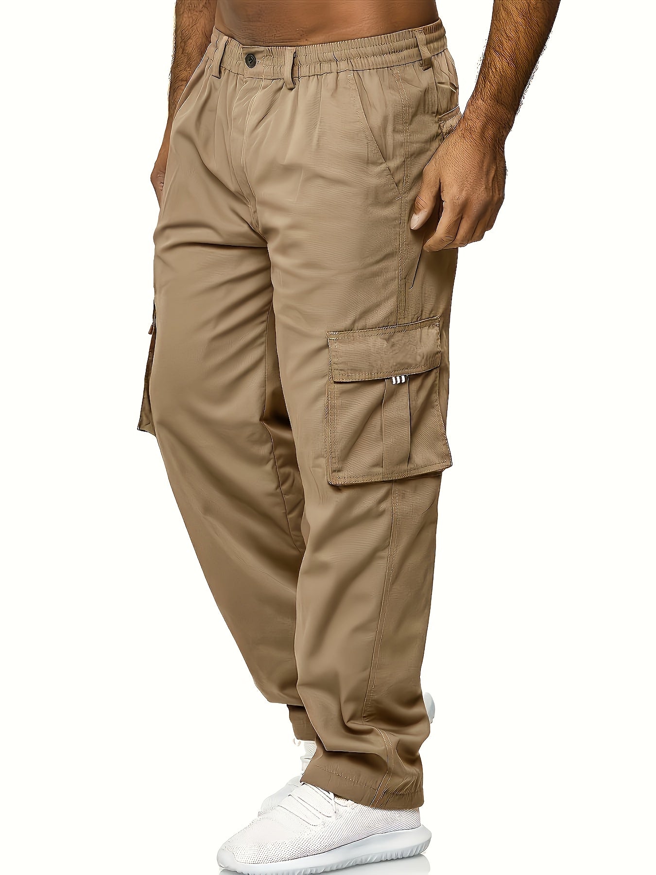 Men's Khaki Cargo Pants with Multiple Pockets Durable Polyester Elastic Waistband All-Season Casual Sports Plus Size