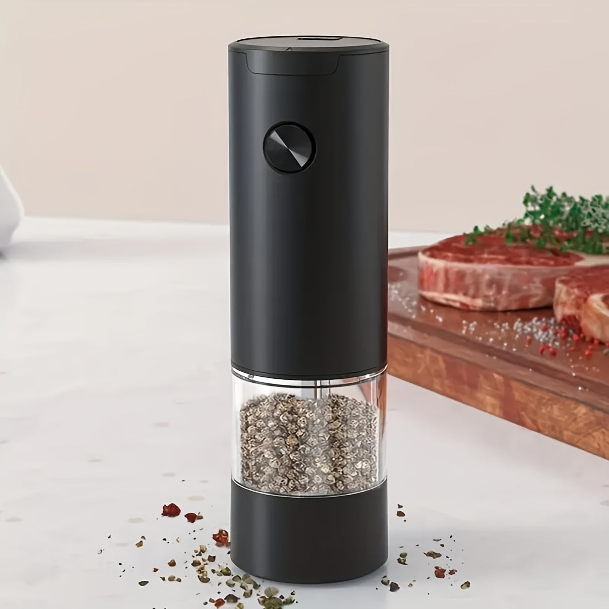 Batareya bilan ishlaydigan ziravorlarni maydalash uchun maydalagich, sozlanadigan qattiqlik, shaffof konteyner, bitta bosish bilan maydalash