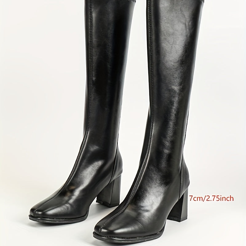 Women Knee-High Boots Synthetic Leather Block Toe Chunky Heel Adjustable Zip