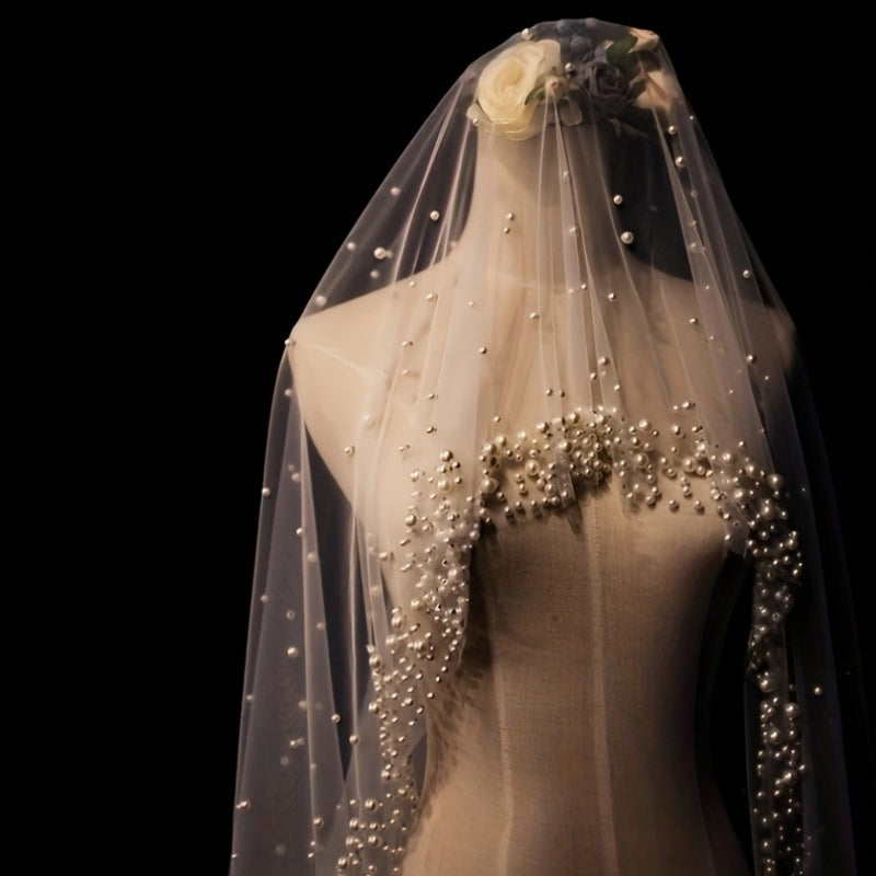 Bridal Veil Long Train Beaded Detail Polyester Wedding Accessory