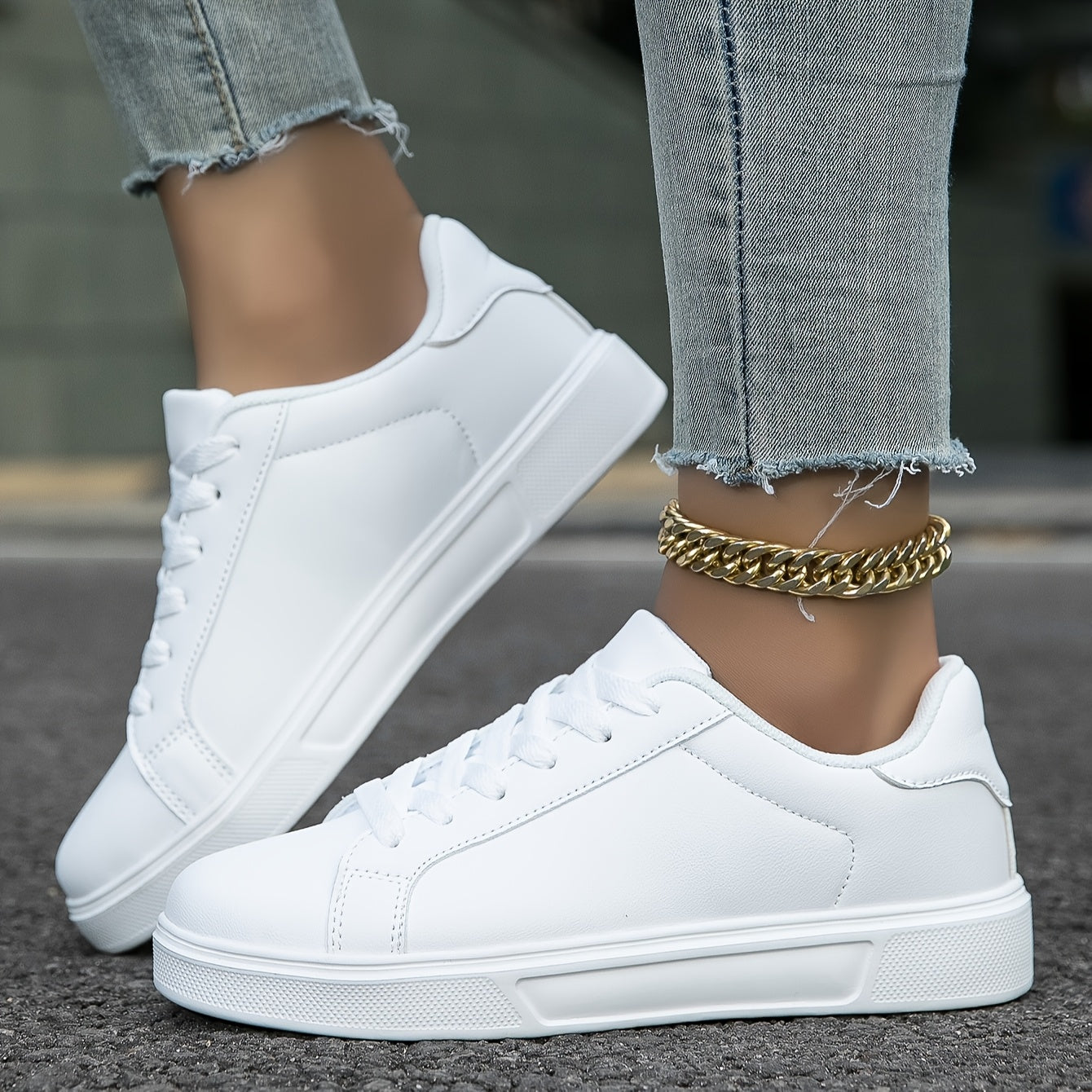 Women's White Casual Sneakers Lightweight EVA Sole Lace-Up All-Season