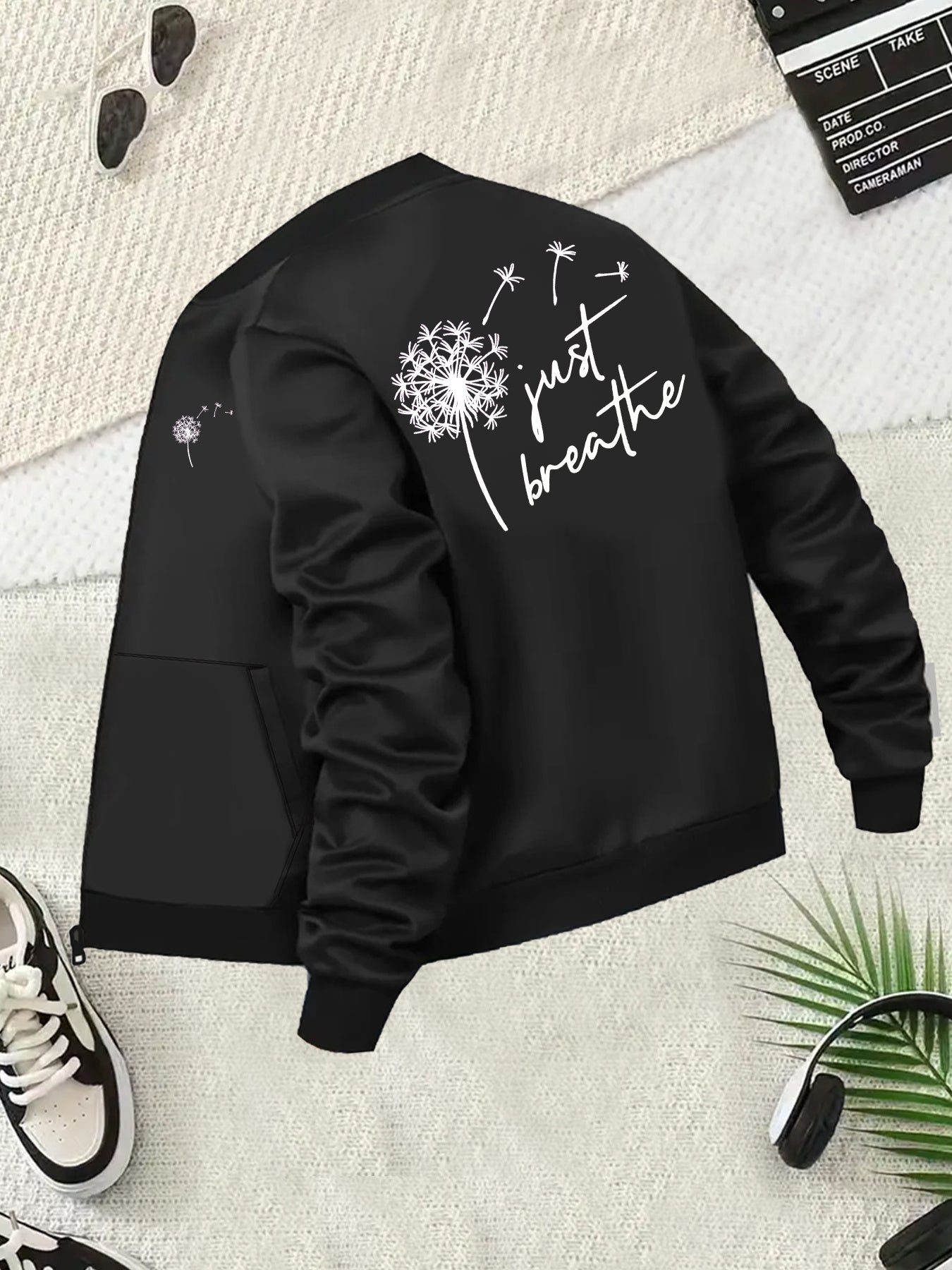 Women's Black Casual Baseball Collar Coat with Back Lettering