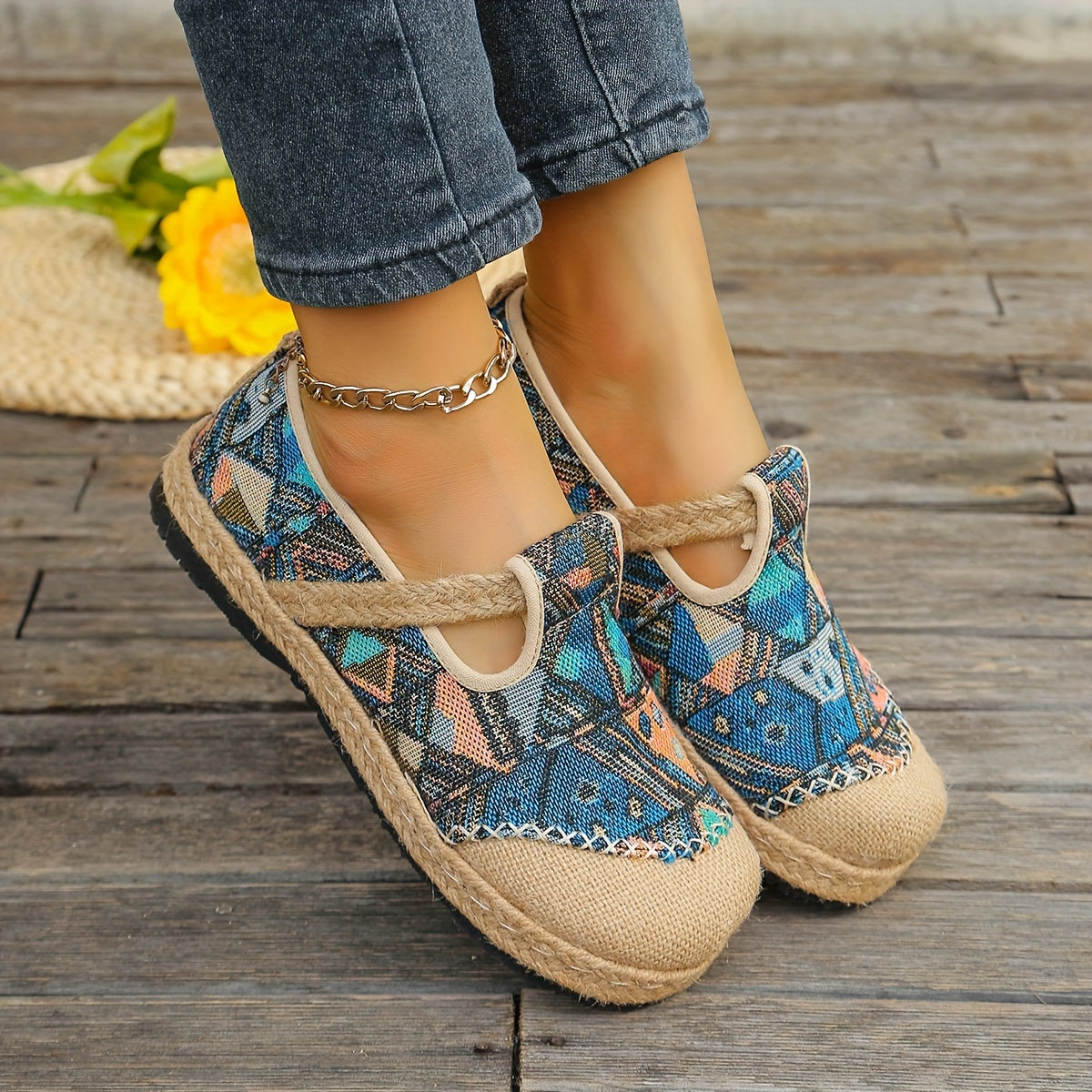 Women's Casual Espadrille Flats, Tribal Pattern Slip-On Breathable Shoes