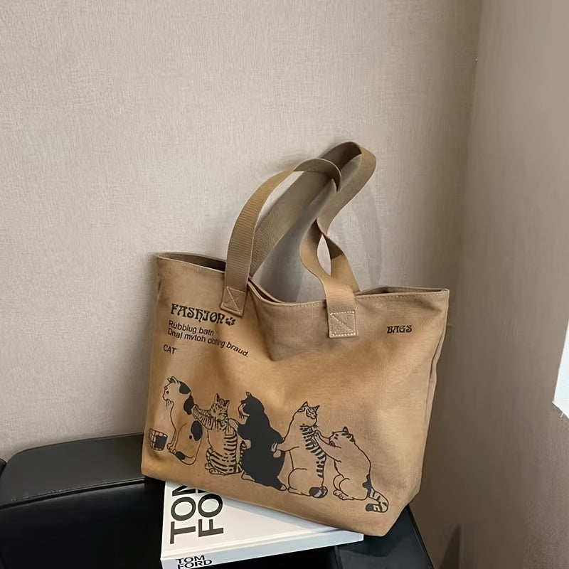 Women’s Canvas Tote Bag with Cartoon Print and Multiple Pockets for Shopping and Beach