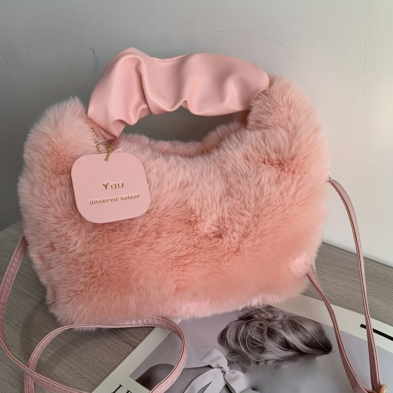 Faux Fur Crossbody Bag for Women with Zipper Closure and Soft Plush Material
