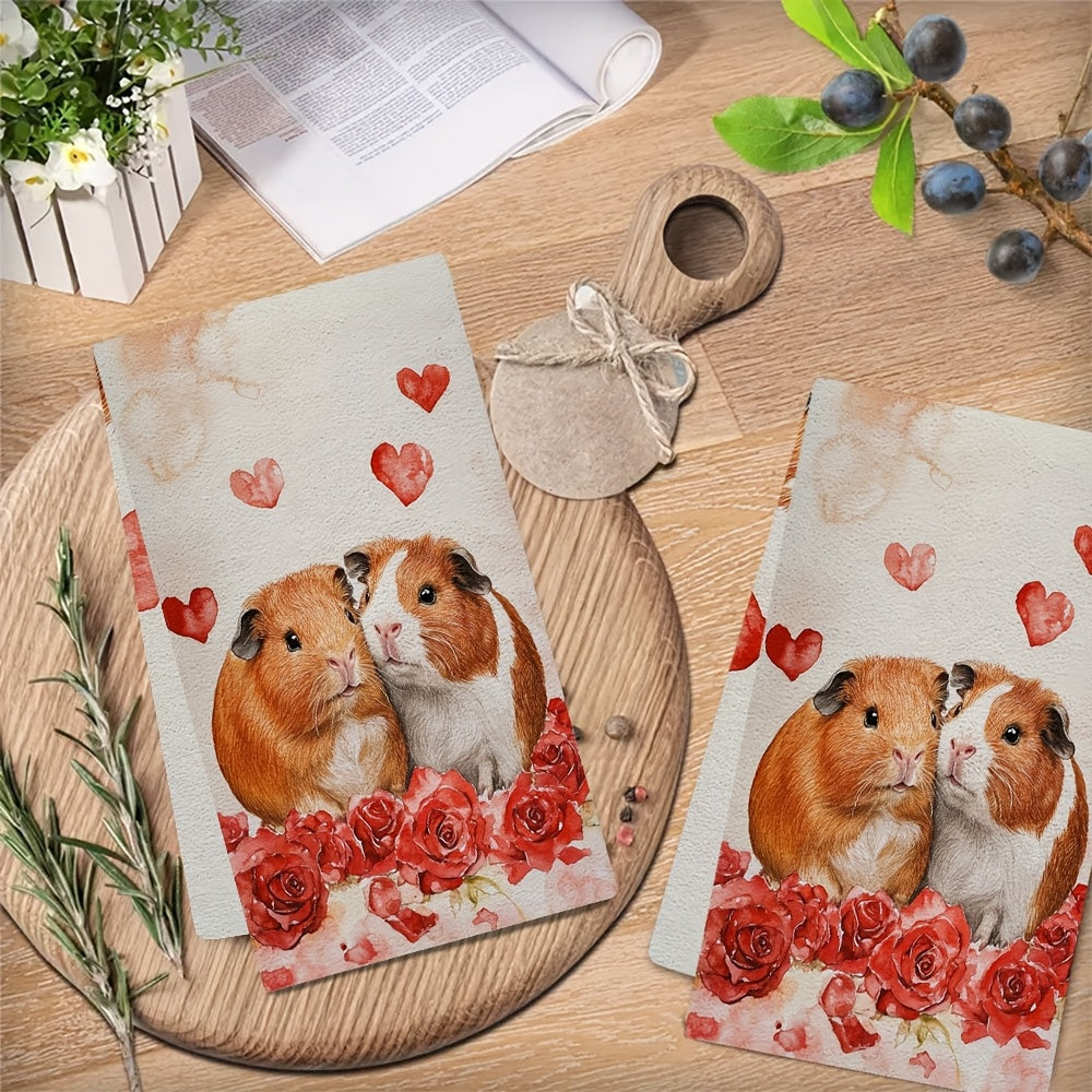 Guinea Pig and Rose Kitchen Towels Set, Soft Absorbent, 40x60 cm, Machine Washable