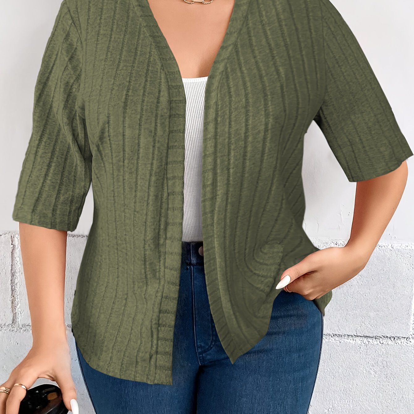 Plus Size Women's Solid Color Open Front Cardigan Fall Spring Knitwear