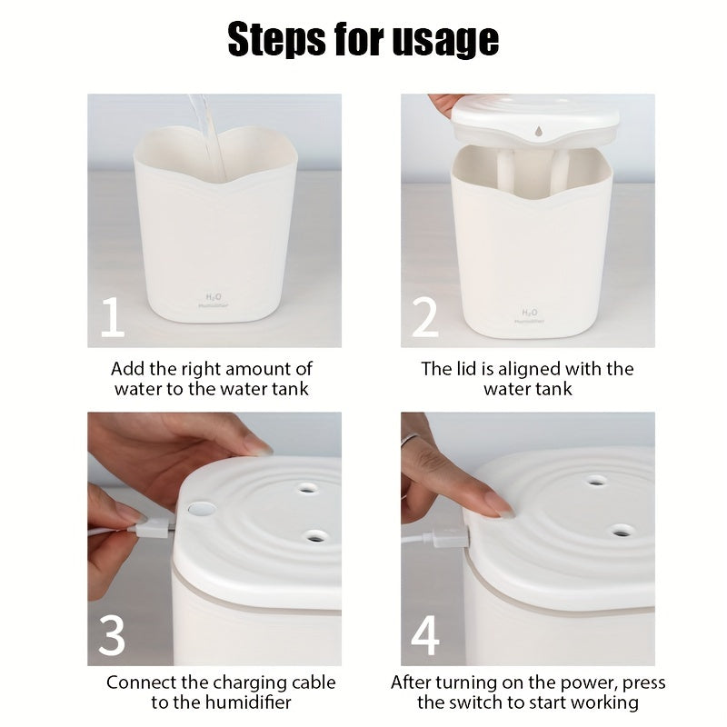 2 ta namlash rejimi, 7 rangli yoritish va avtomatik o'chirish funksiyasiga ega portativ USB namlagich. Sayohat, uy yoki yotoqxona uchun mos.