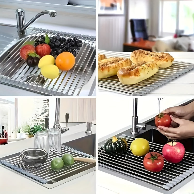 Stainless Steel Roll-Up Dish Drying Rack for Sink, Foldable Kitchen Utility Storage
