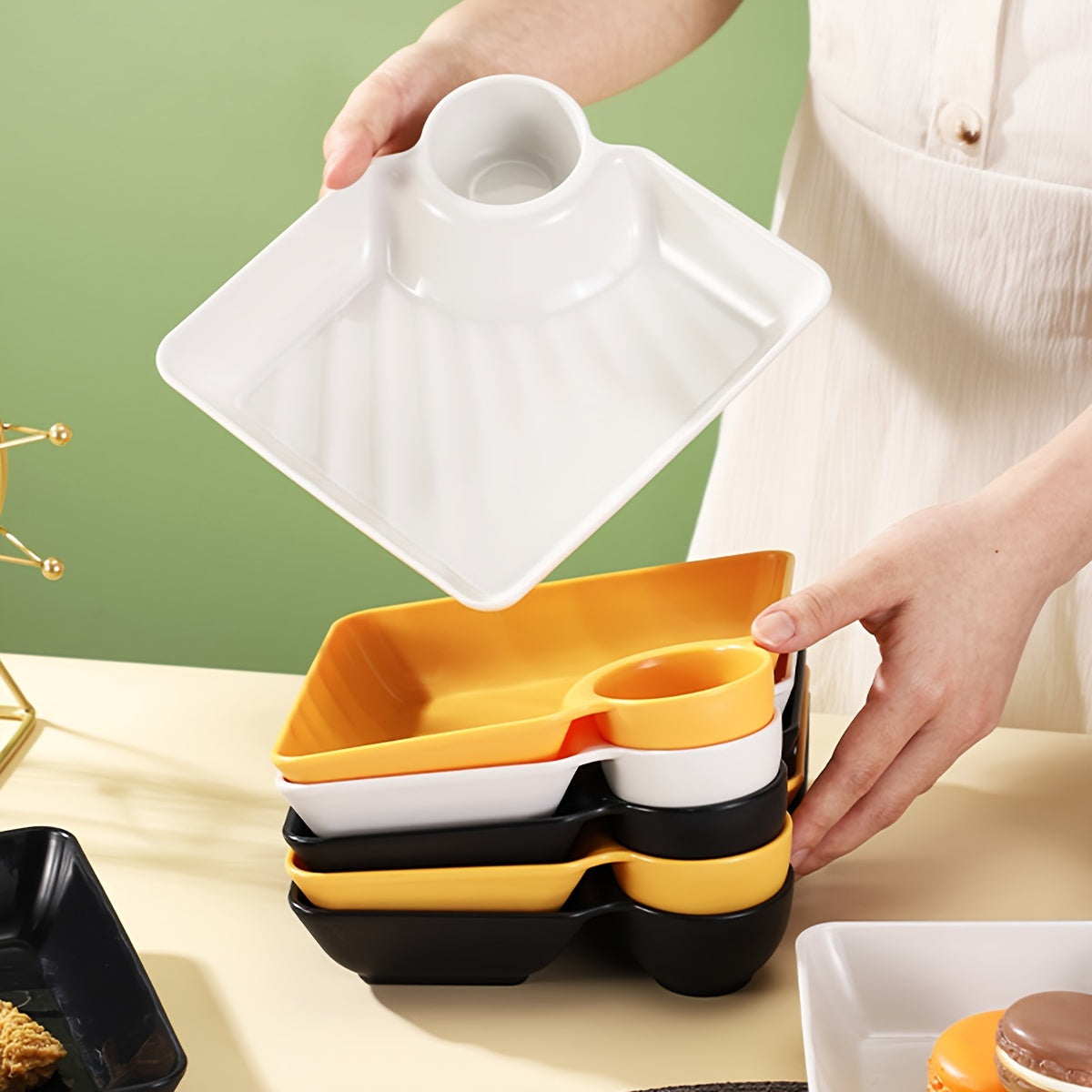 4-Piece Chip and Dip Serving Platter Set with Sauce Compartments for Snacks and Appetizers