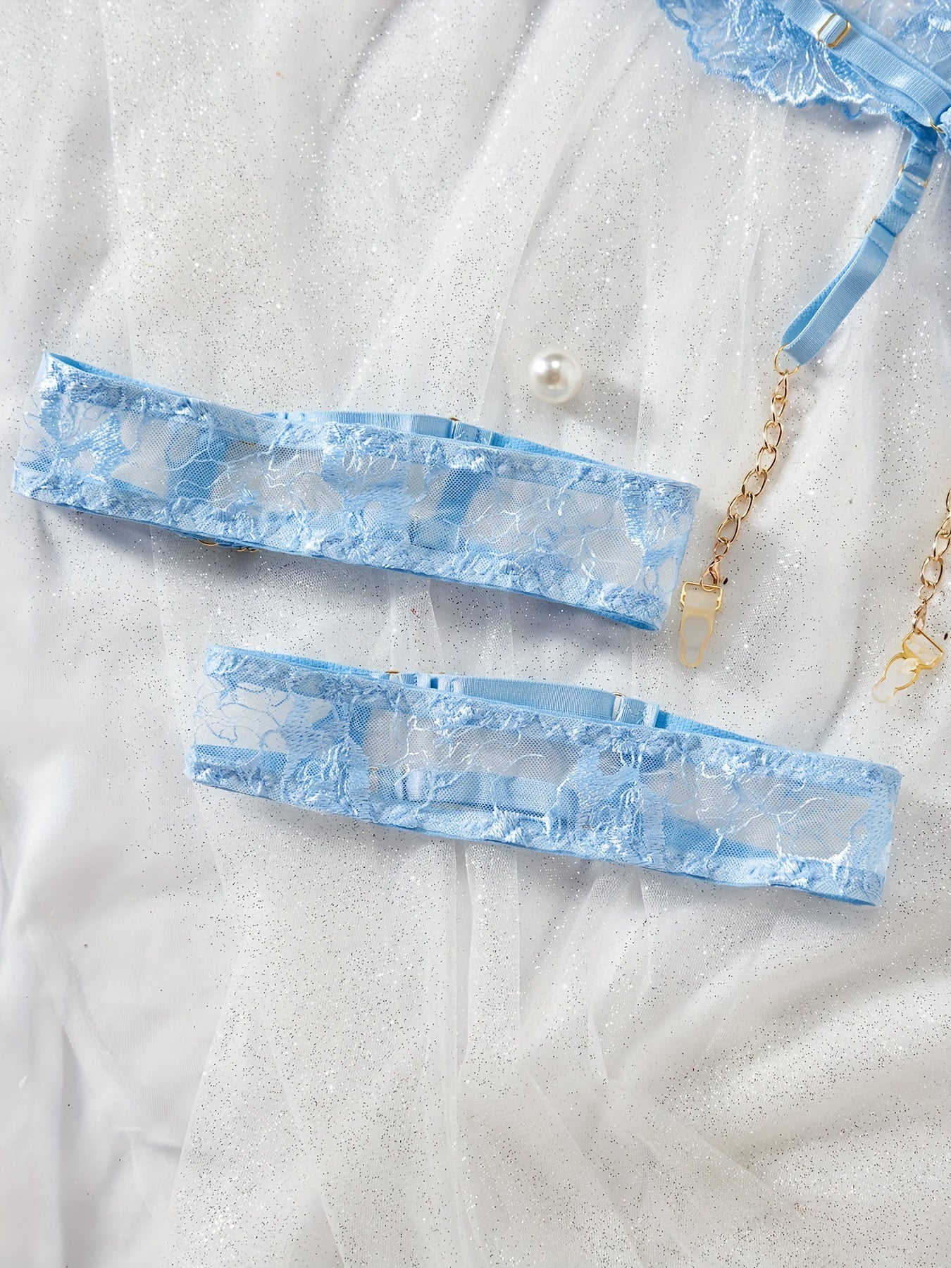 Women's Floral Embroidery Semi-Sheer Lingerie Set with Chain-Linked Underwire Bra Thong Garter Belt