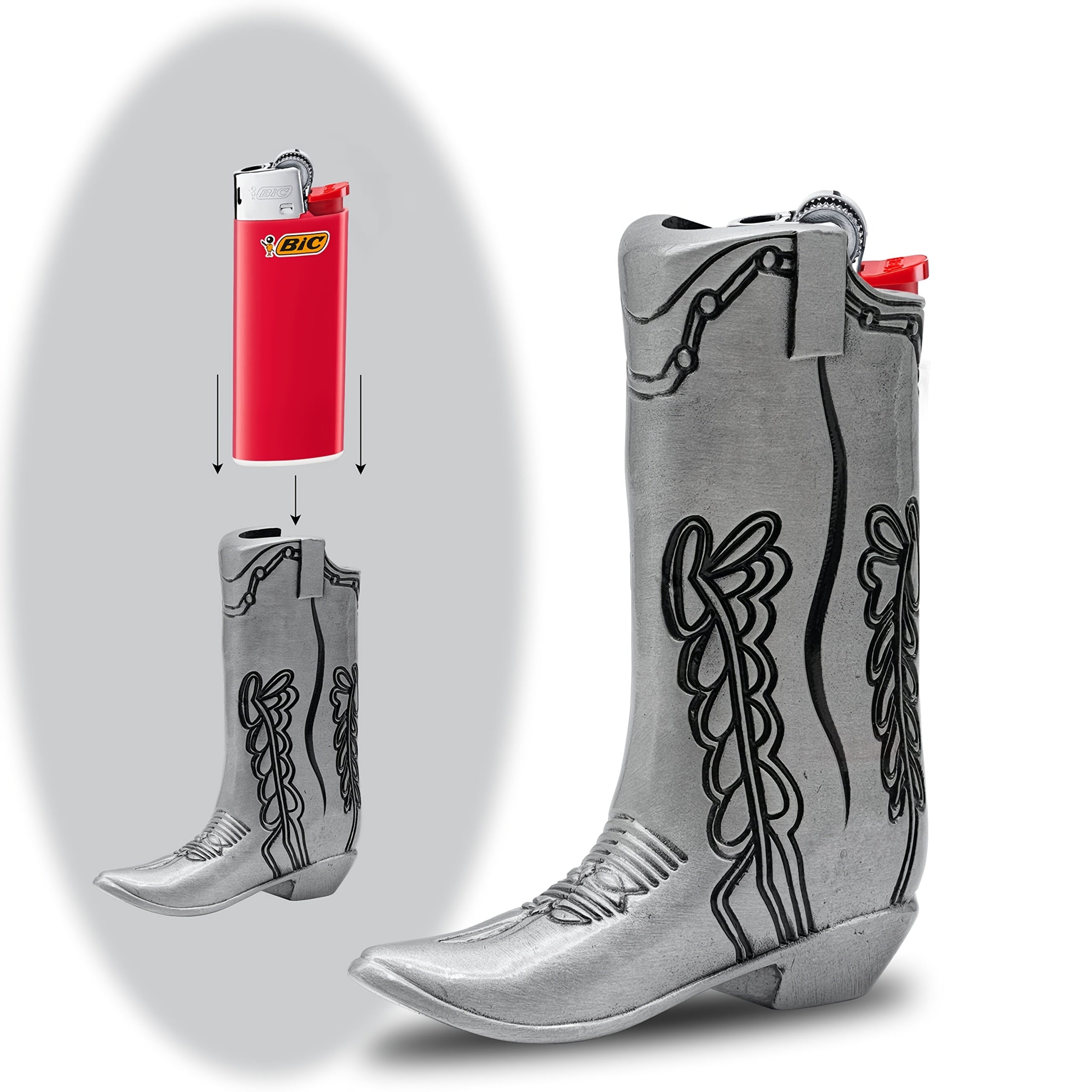 Silvery Cowboy Boot Lighter Case for Mini Bic J5, Party and Daily Use