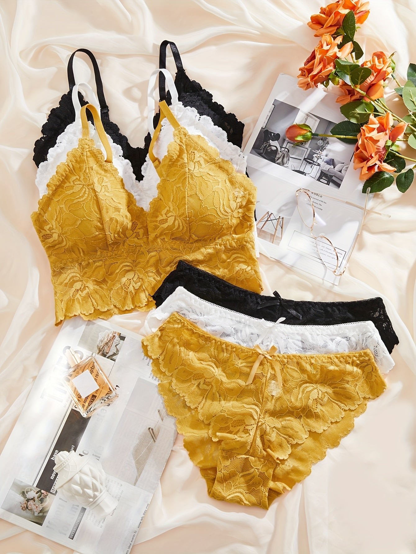 Women's Lace Contrast Lingerie Sets with Wireless Bras and Bow Tie Panties