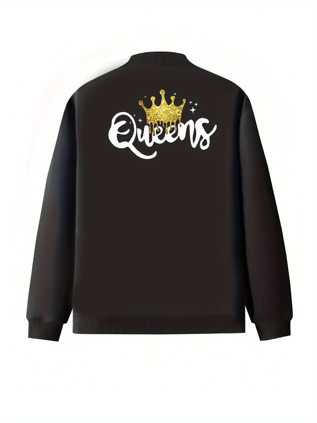 Plus Size Women's Casual Baseball Collar Jacket Long Sleeve Zip Up Black Gold Lettering