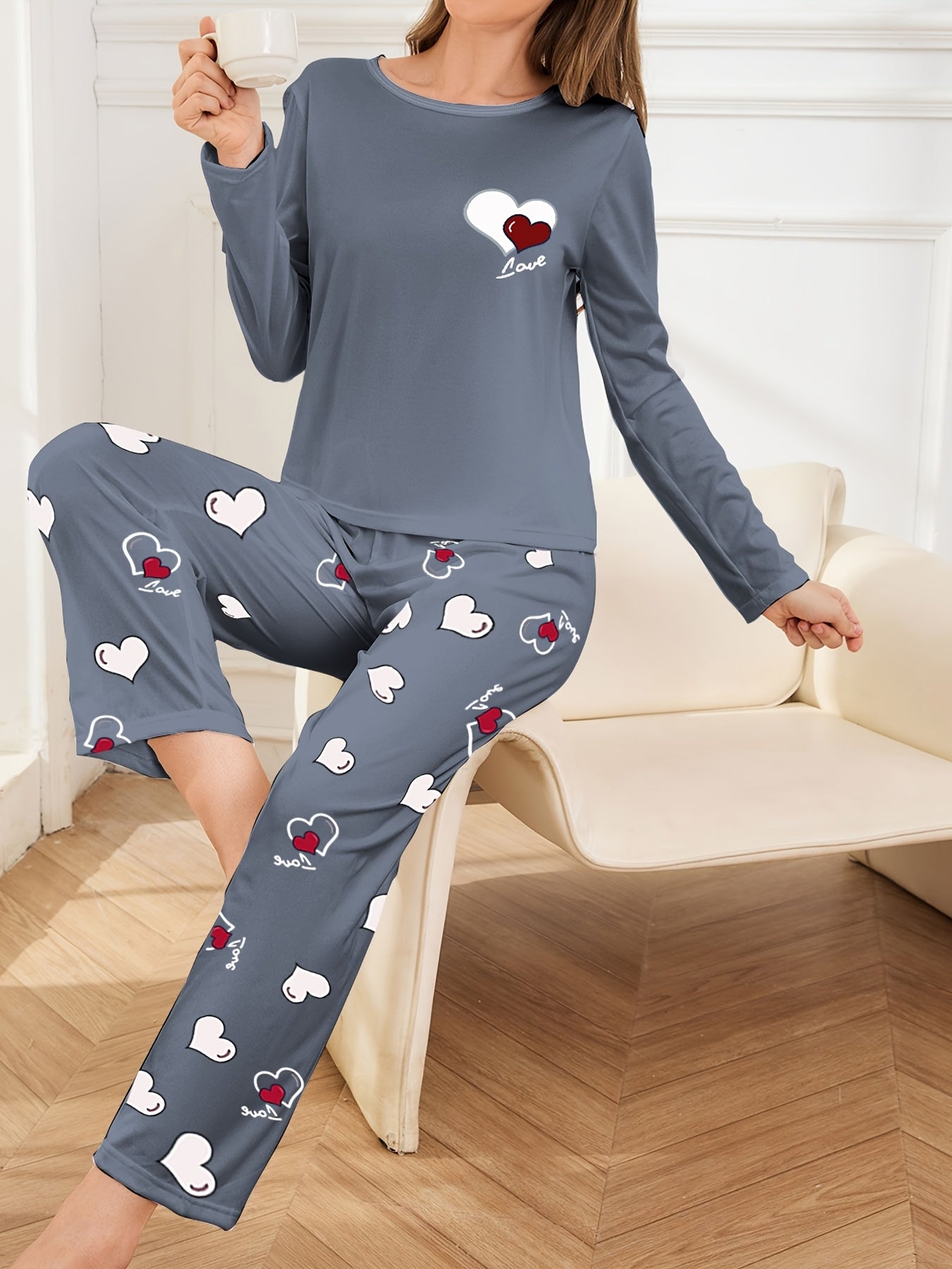 Women's Pajama Set Long Sleeve Heart Print Fall Winter Polyester Lounge Sleepwear