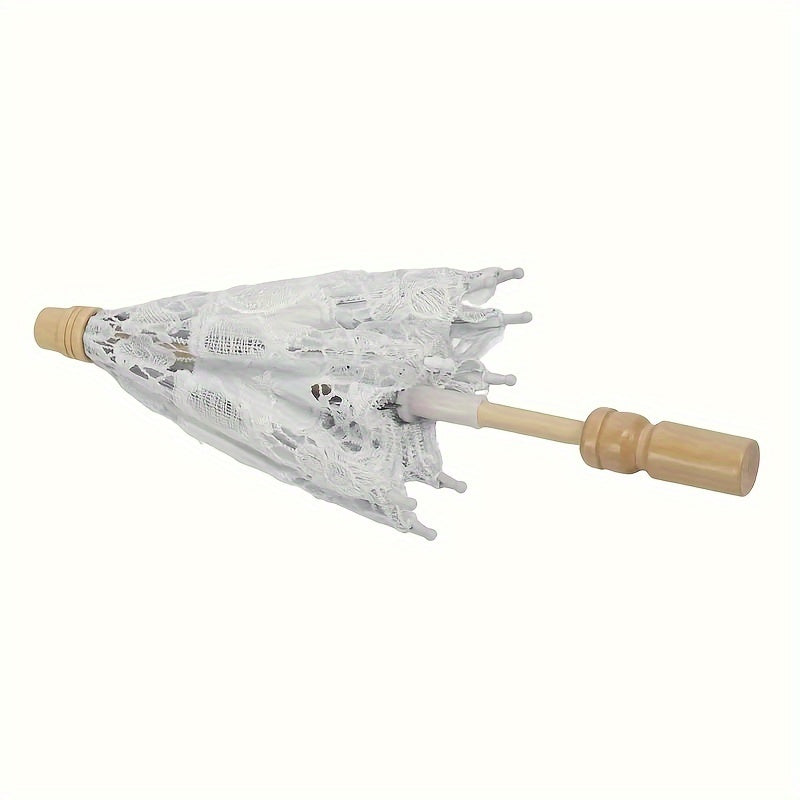 Embroidered Cotton Lace Bridal Umbrella with Wooden Handle for Weddings and Photography