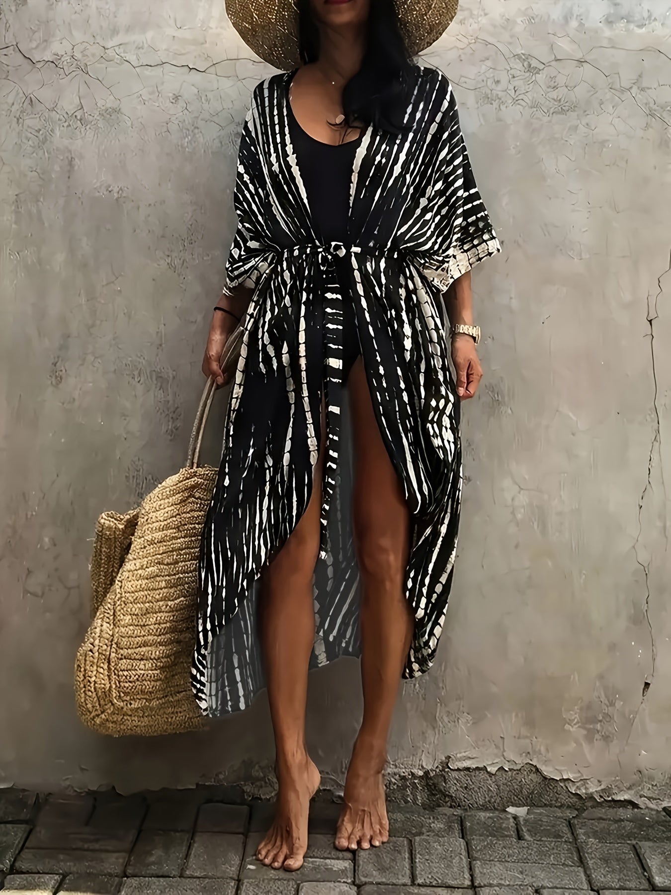 Plus Size Boho Kimono Cover Up for Women Stripes Belt Summer Beach Swimwear