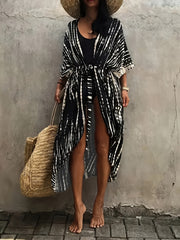 Kimono de talla grande estilo boho para mujer con cinturón de rayas para verano, ropa de playa y trajes de baño