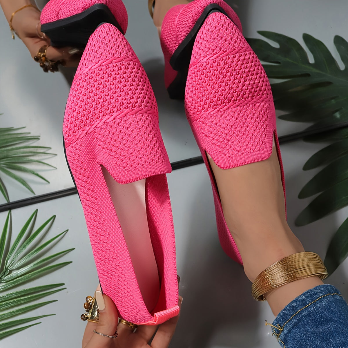 Women's Pink Slip-On Pointed Toe Flats Breathable Fabric All-Season Shoes