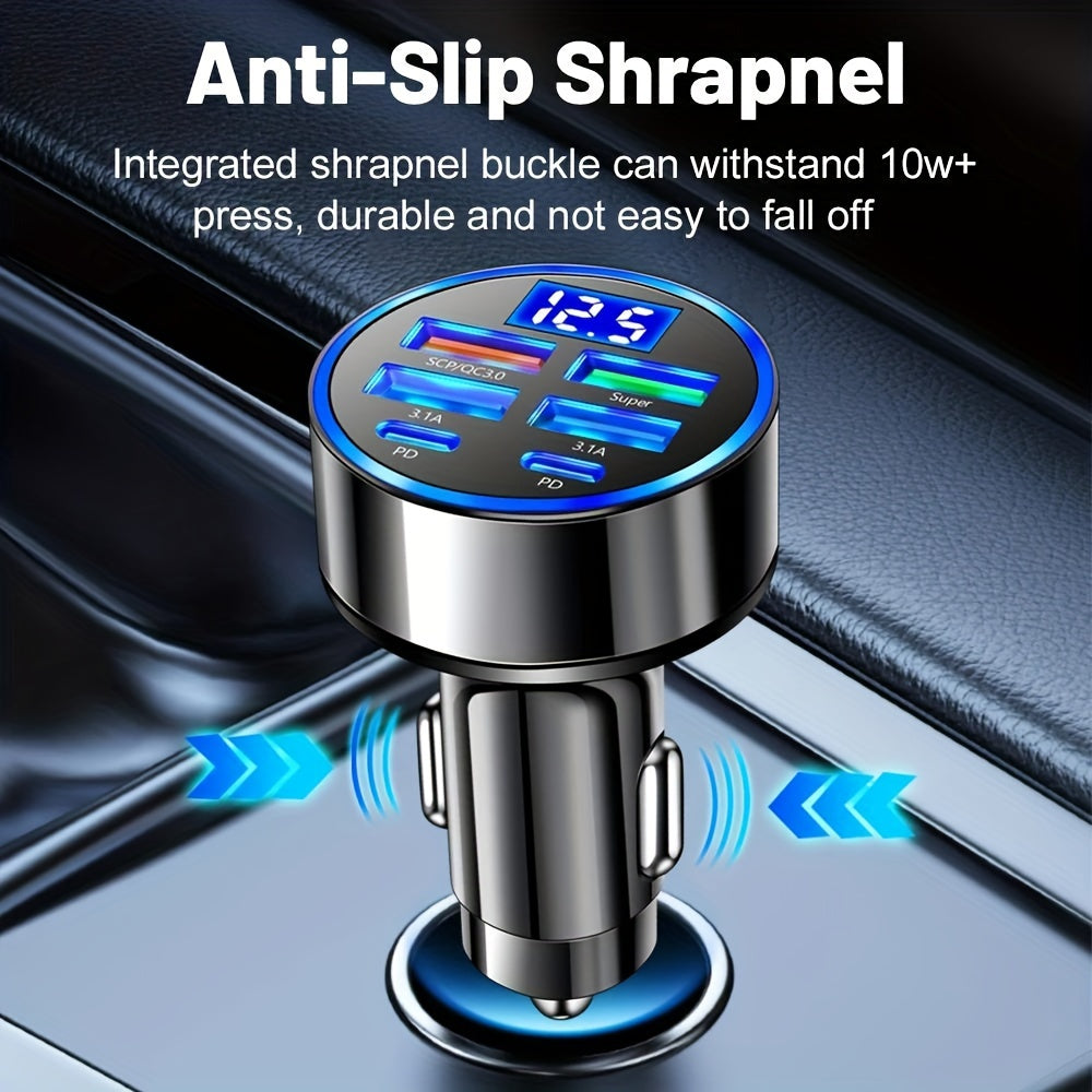 6-in-1 Car Charger with Display Fast USB 3.0/3.1A Dual PD Universal Compatibility