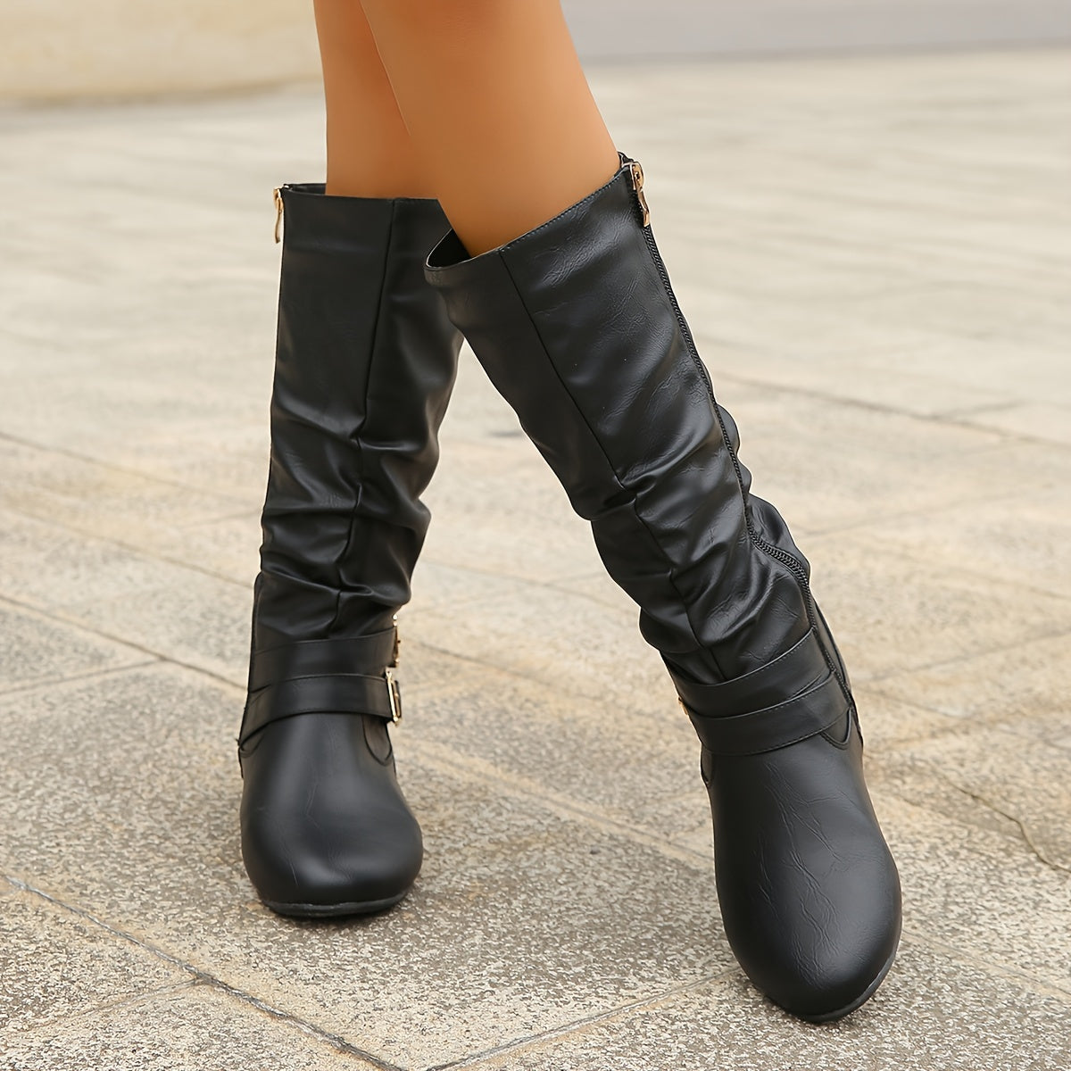 Women's Casual Leather Boots With Side Zipper and Round Toe