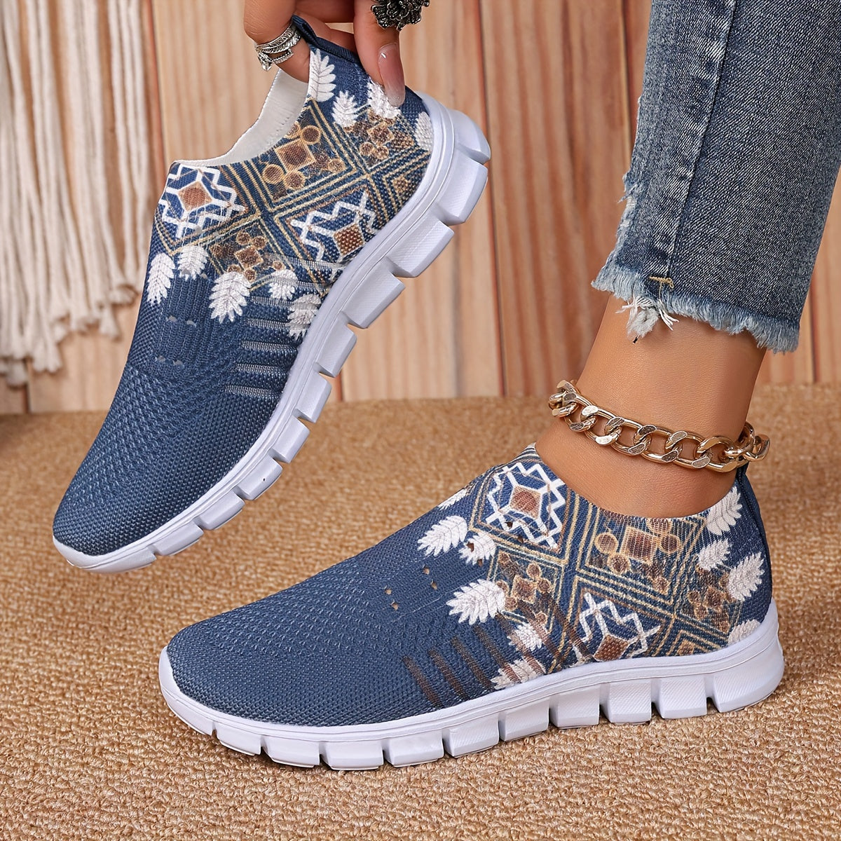 Women's Blue Knit Fabric Slip-On Sneakers with White Floral Patterns and EVA Sole