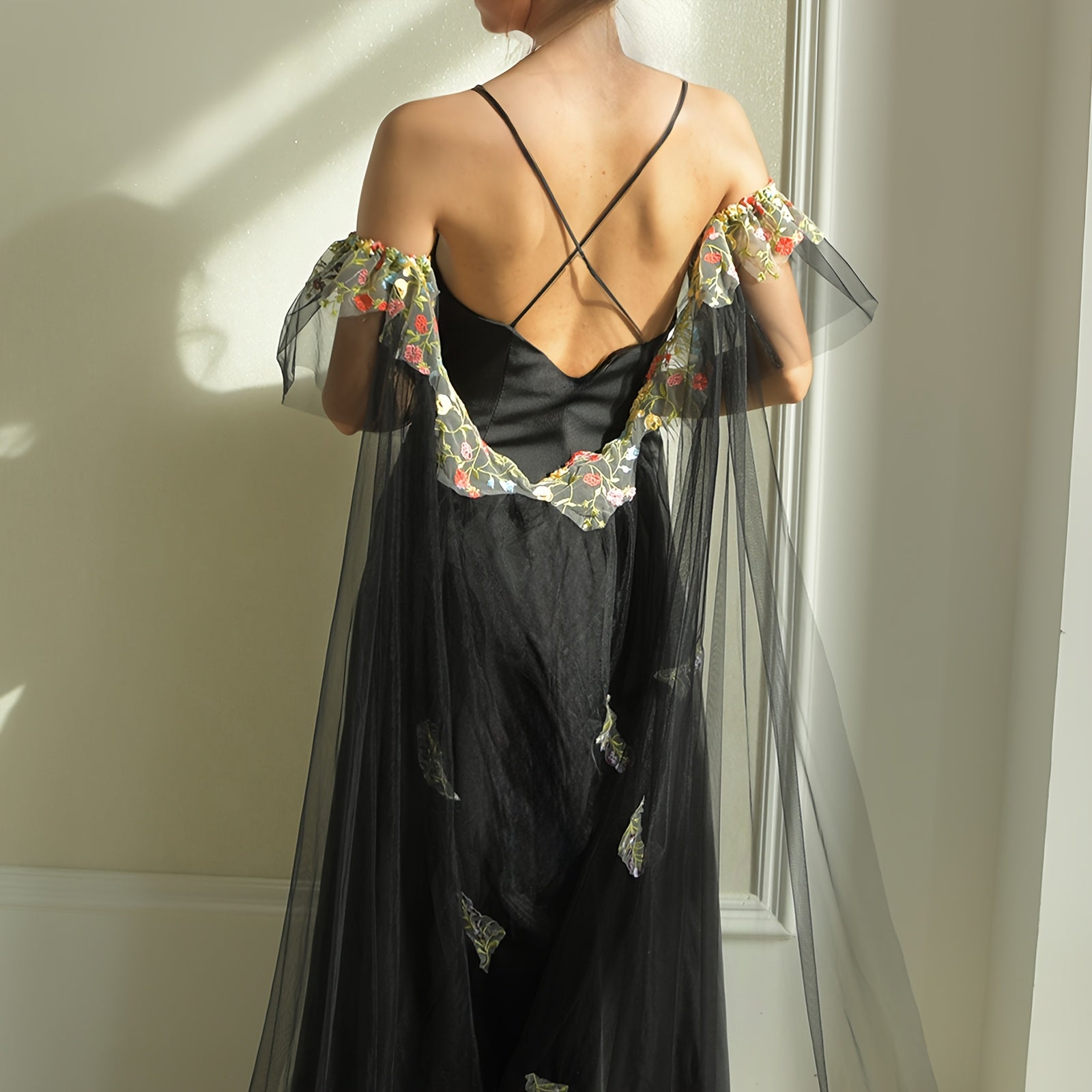 Black Bridal Shawl with Colorful Lace Trim and Sleeves for Wedding