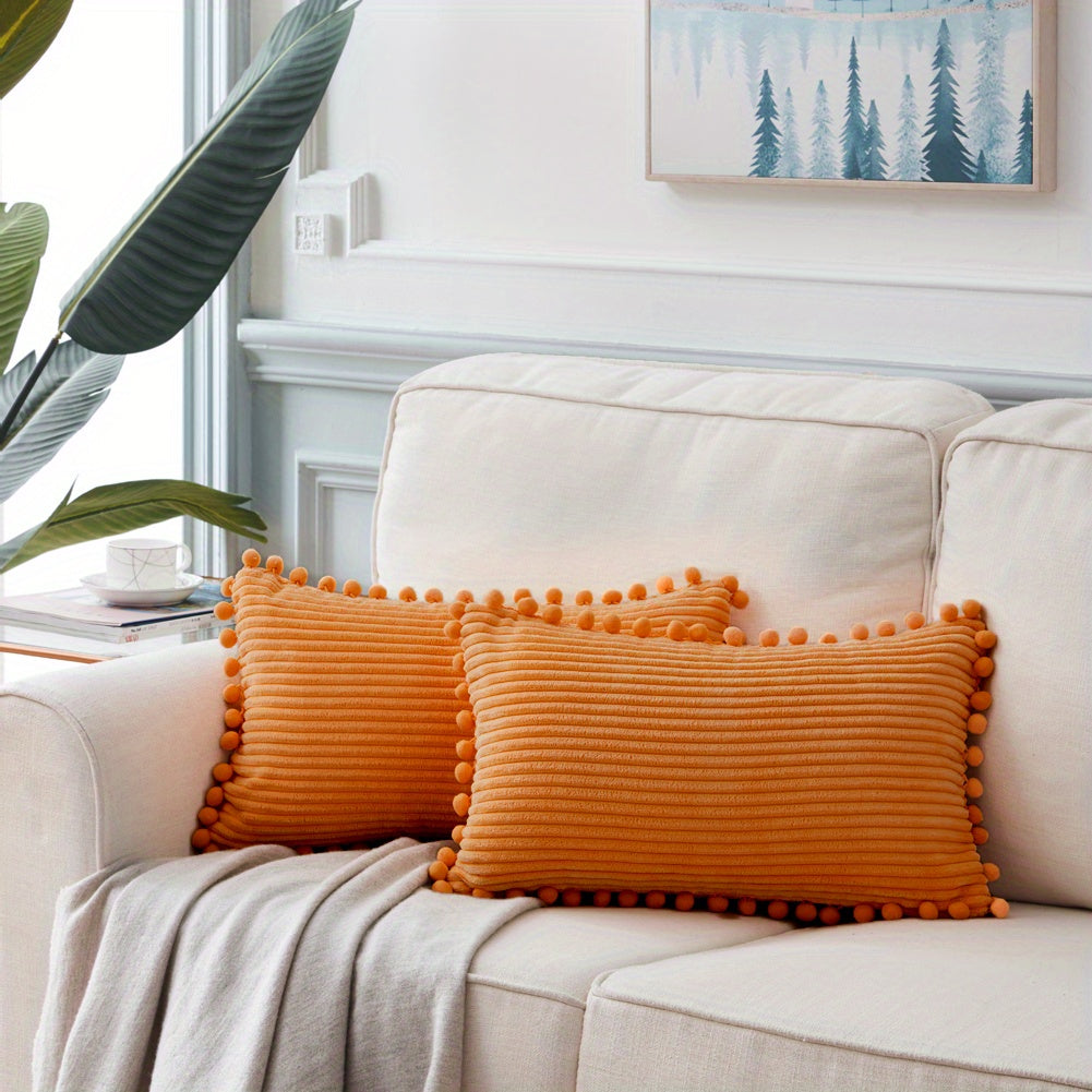 Набор из 2-х бохо наволочек для подушек с помпонами и акцентом из вельвета. Сплошные квадратные подушки для различных пространств. (18x18 дюймов/45x45 см). ВКЛЮЧЕНИЯ НЕ ВХОДЯТ.