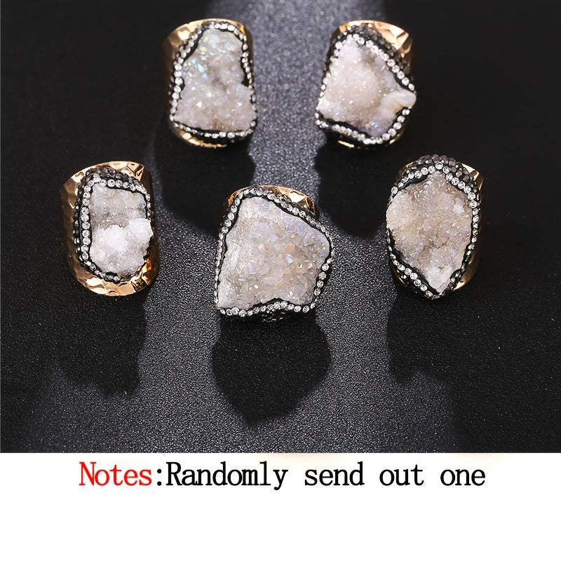 Women’s Irregular Natural Crystal Cluster Cuff Ring Alloy 18K Gold Plated Raw Stone Jewelry