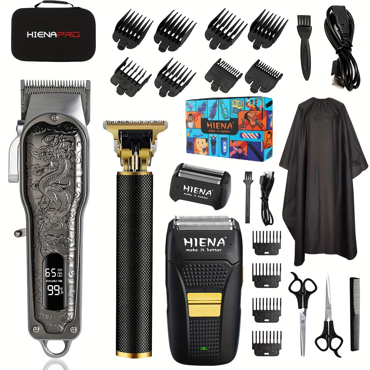 3 piezas de recortadora de cabello y barba para hombres, recargable por USB, batería de 2000mAh