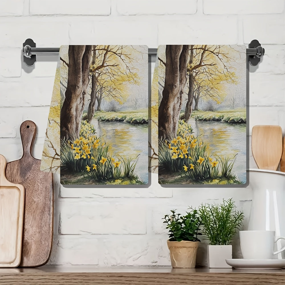Set of 2 Spring Morning Kitchen Towels Yellow Trees Daffodils Absorbent