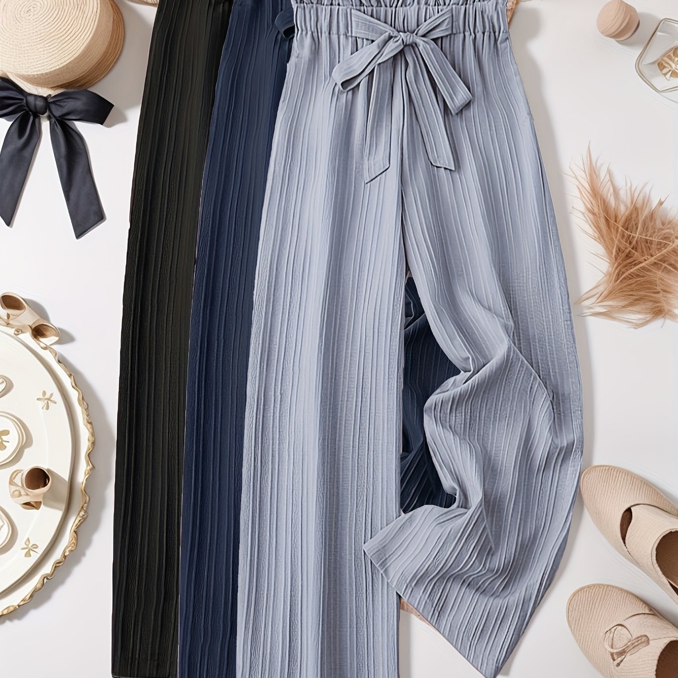 Plus Size Women's Wide-Leg Pants 3-Pack Non-Stretch Black Pink Beige Formal Casual