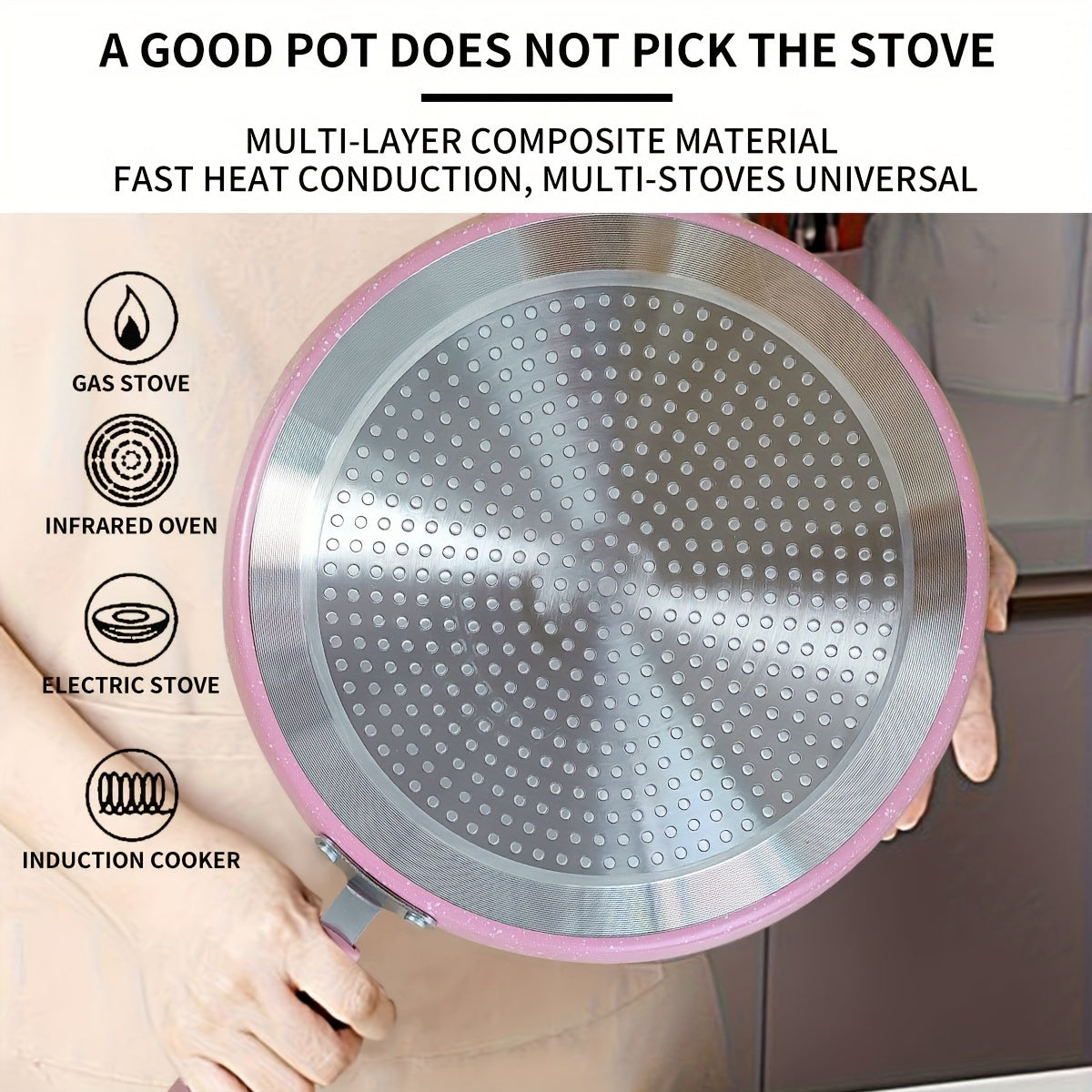 Sartén de aluminio antiadherente rosa con acabado en piedra mica, mango de madera, apta para lavavajillas, compatible con resistencias eléctricas