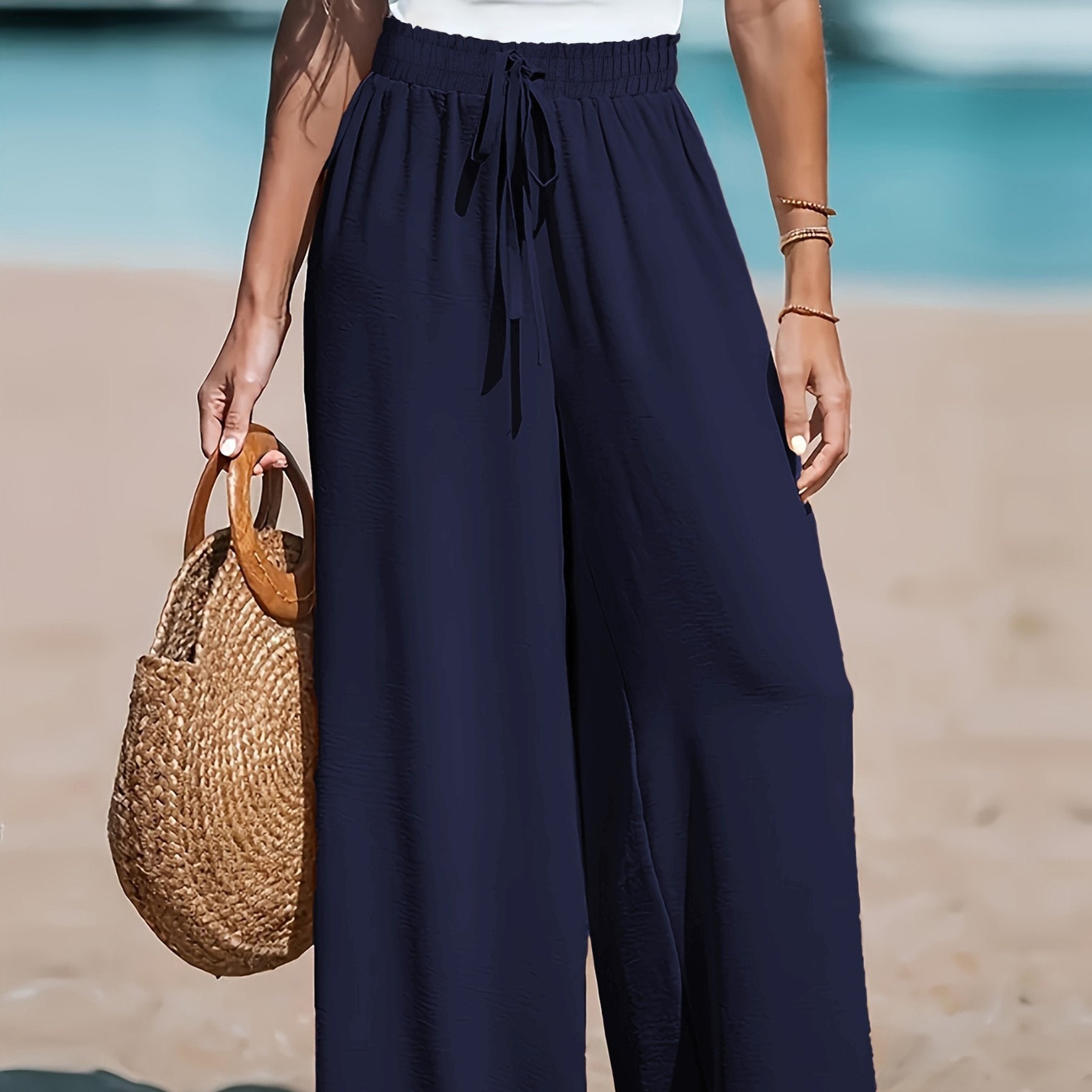 Women's Mustard Wide-Leg Pants Elastic Waist Casual Beachwear