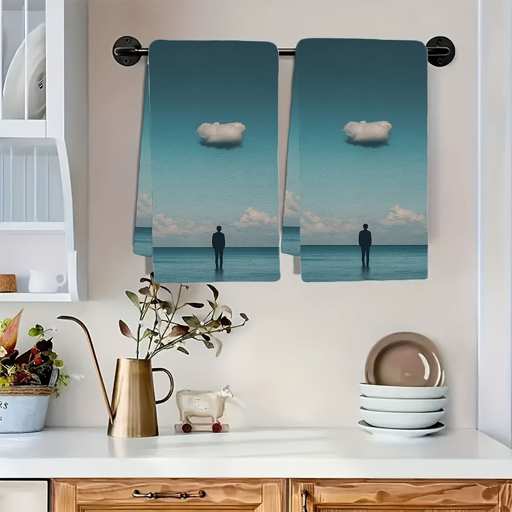 Two-Piece Ultra Soft Kitchen Towels Sky Cloud Design Highly Absorbent Machine Washable