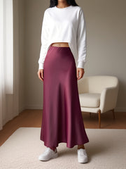 Women's Satin Midi Skirt Fishtail Design Elastic Waist Solid Color Summer