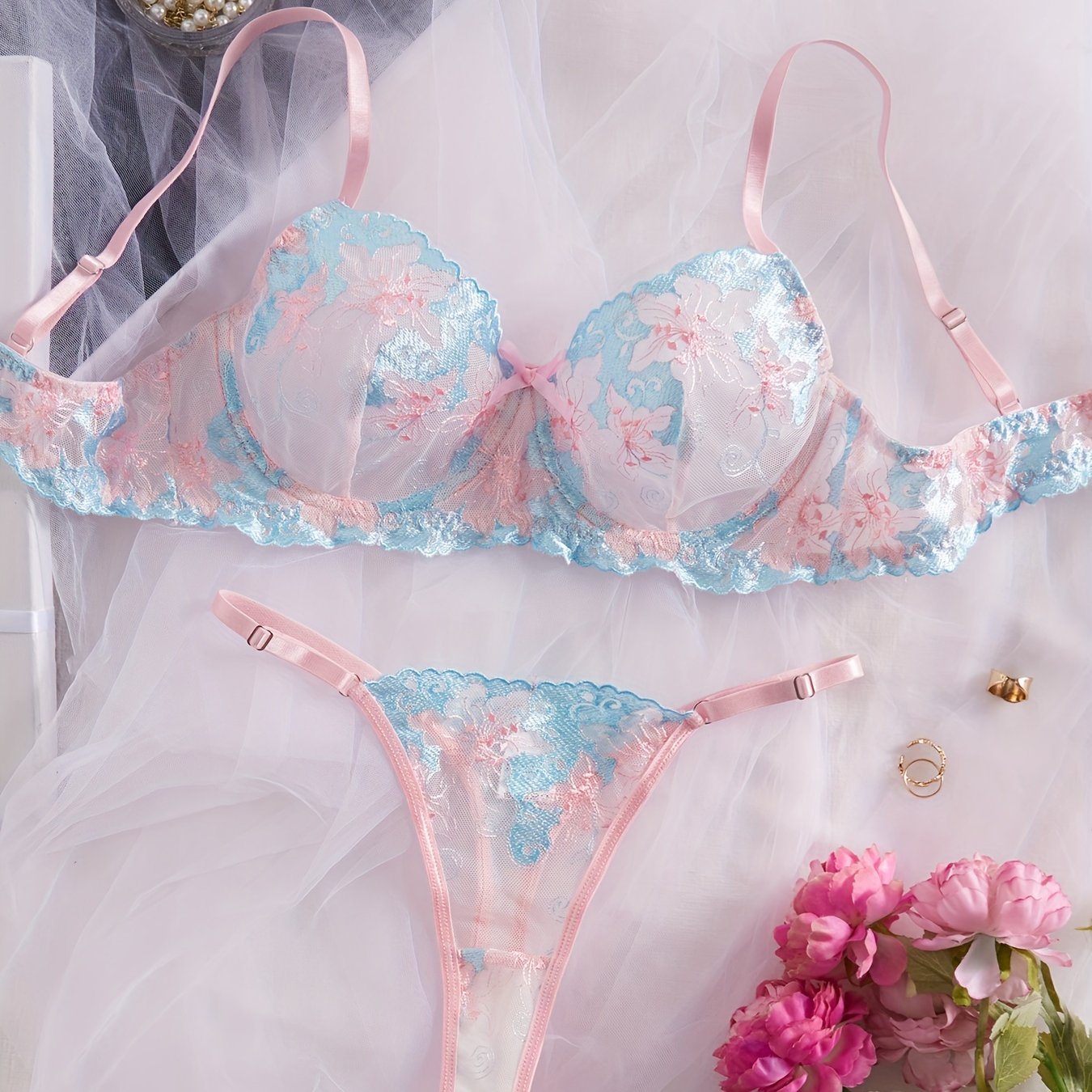 Women's Floral Lace Lingerie Set Bra and Thong Sexy Intimates Underwear