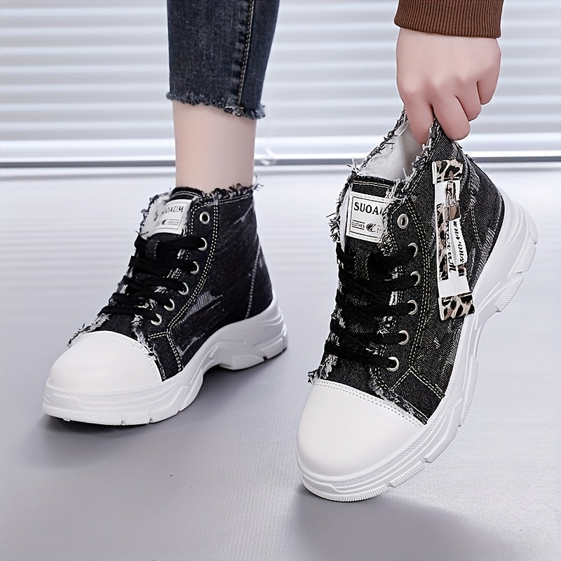 Women's Denim High-Top Sneakers with Zipper, Thick Sole, Comfortable Insole