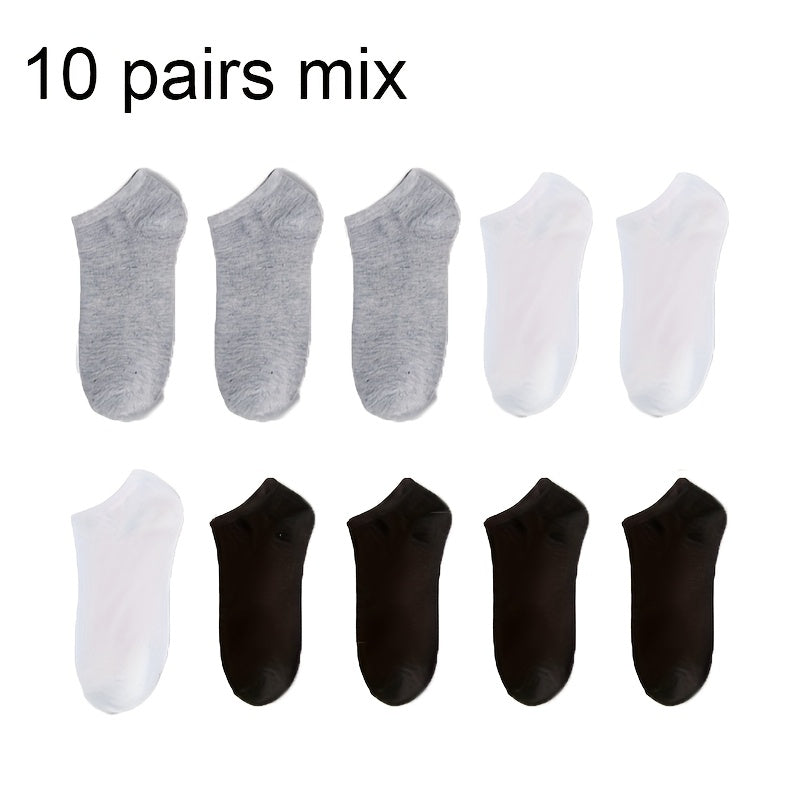 Men's Summer Invisible Boat Socks 10 Pairs Moisture-Wicking Odor-Resistant Thin Sports Black White Gray