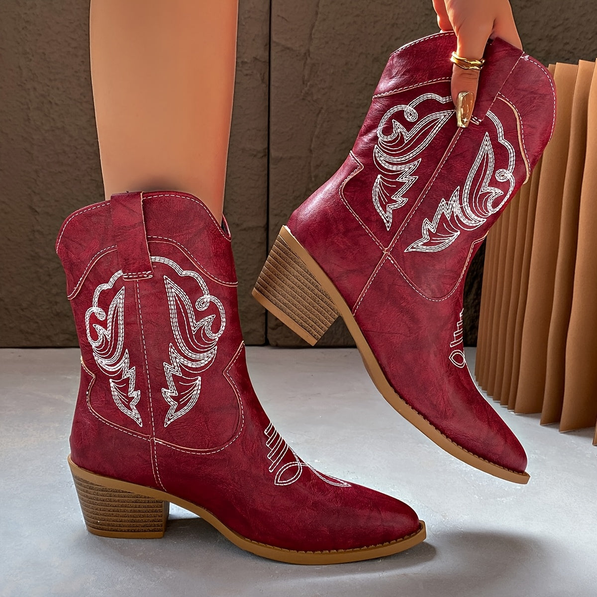Women's Mid-Calf Faux Leather Bohemian Boots with Embroidery
