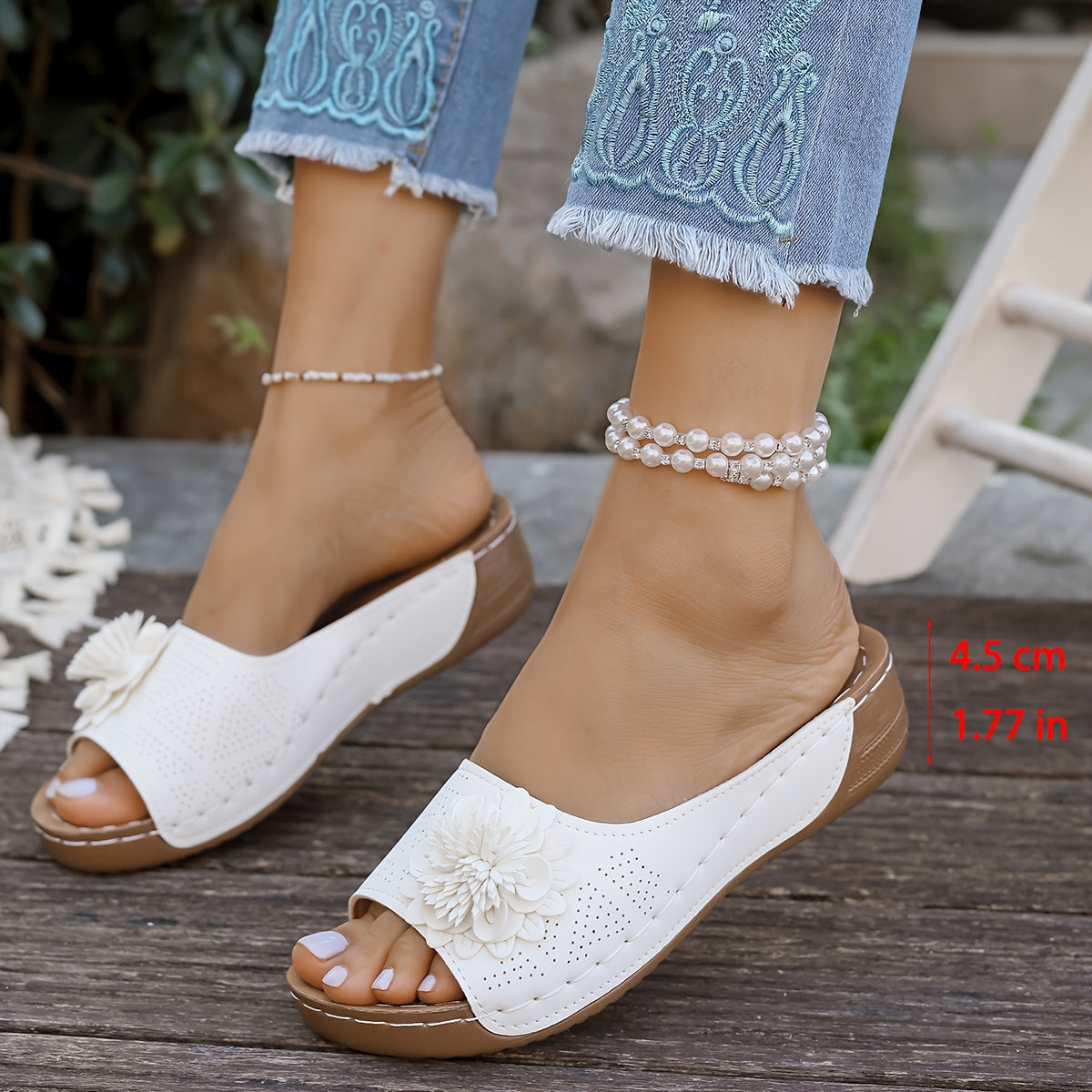 Women's Floral Wedge Sandals White Open-Toe Slip-On Low Heel Summer