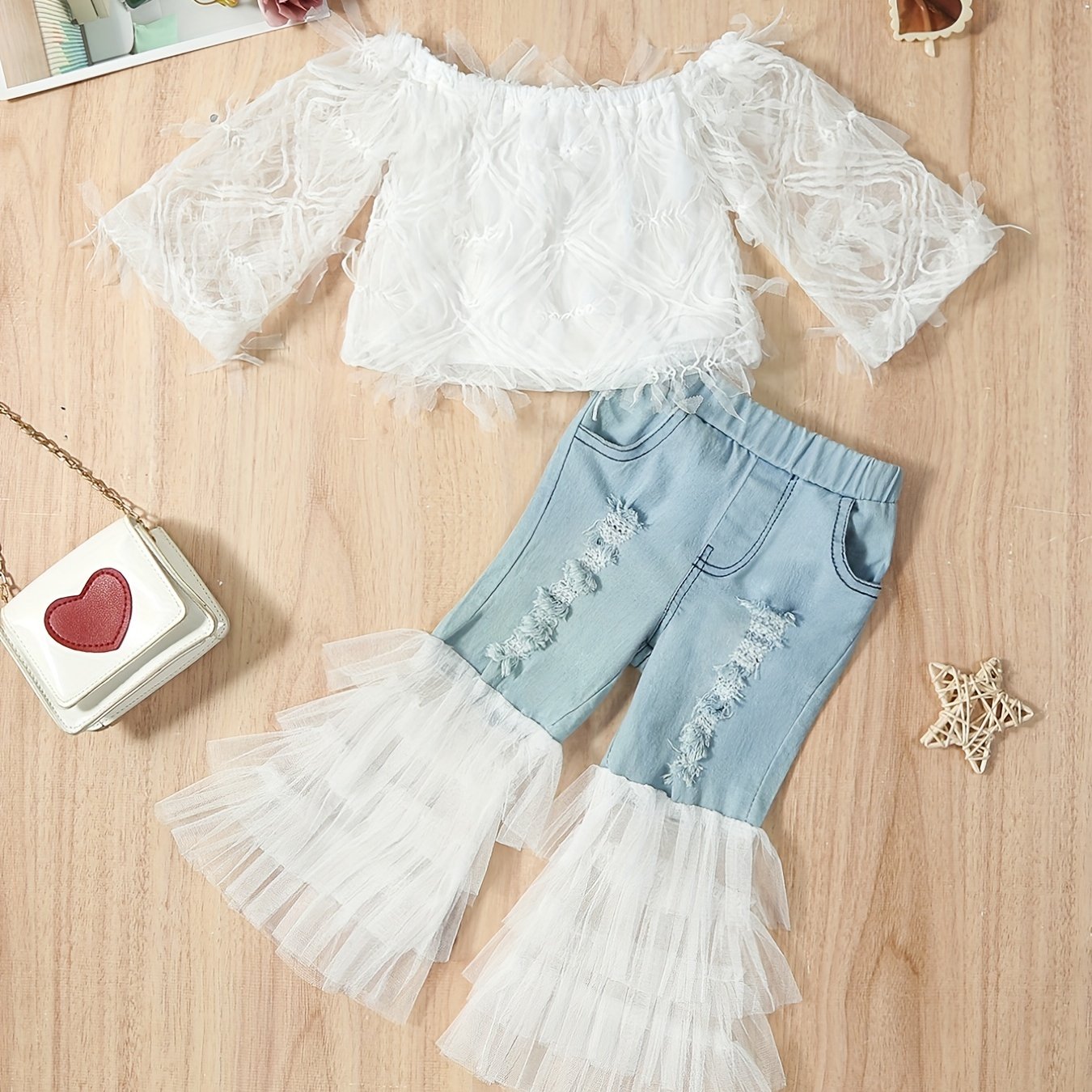Girls Summer Outfit Off-Shoulder White Lace Top Blue Tulle Flared Pants Polyester