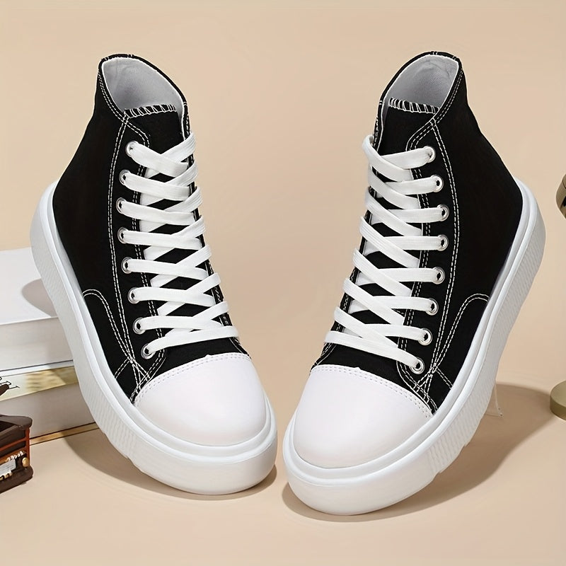 Women's Breathable Canvas Flat High Top Sneakers Black All Season Casual Shoes