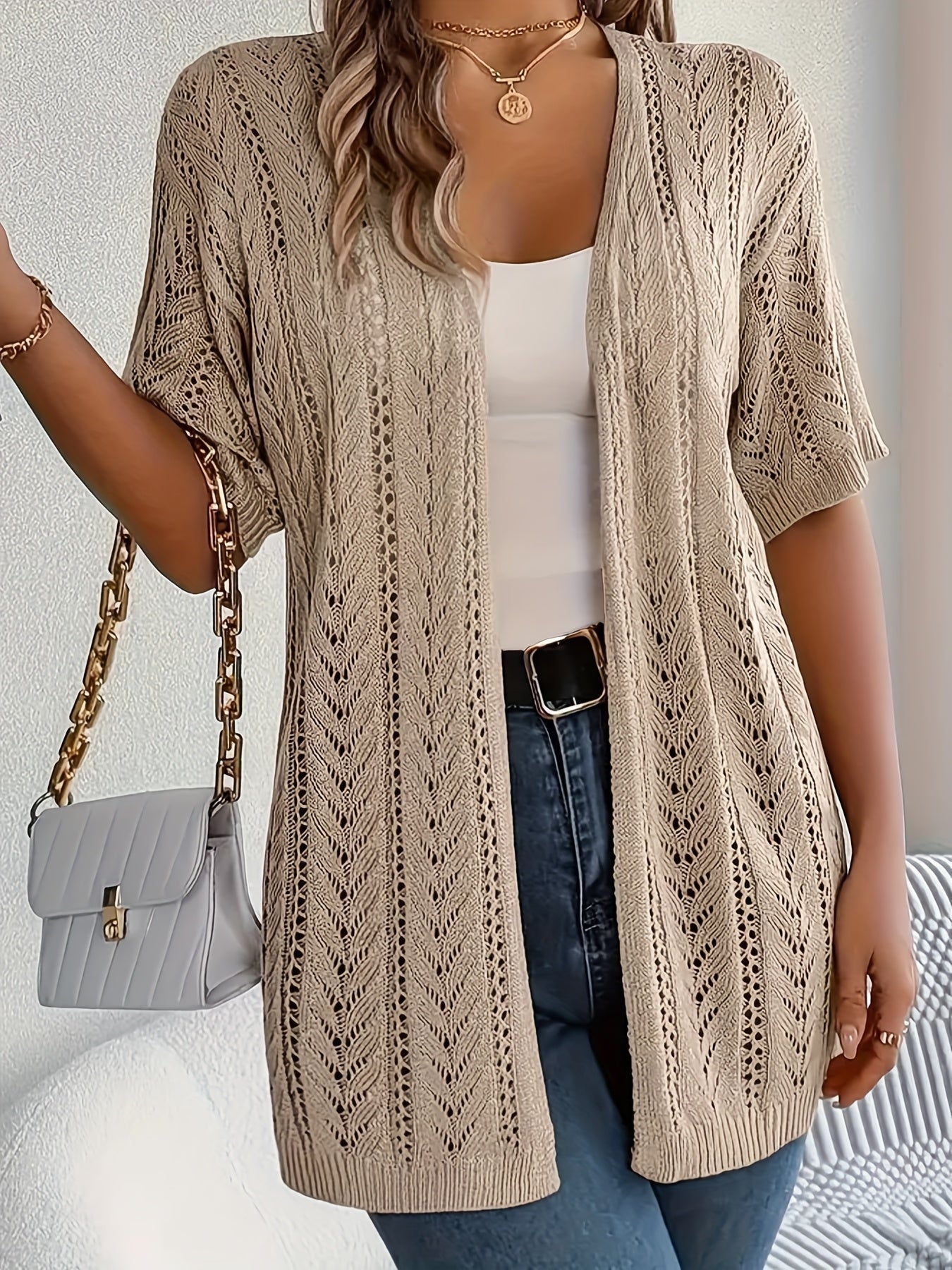 Plus Size Women's Lace Cardigan Short Sleeve Open Front Cover-Up Lightweight Summer Layer