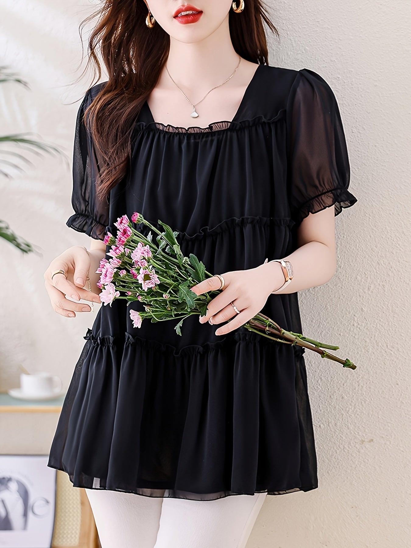 Women's Plus Size Chiffon Blouse Black Short Sleeve Casual Top