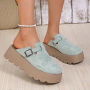 Women Beige Wedge Mules with Adjustable Buckle Slip-On Shoes