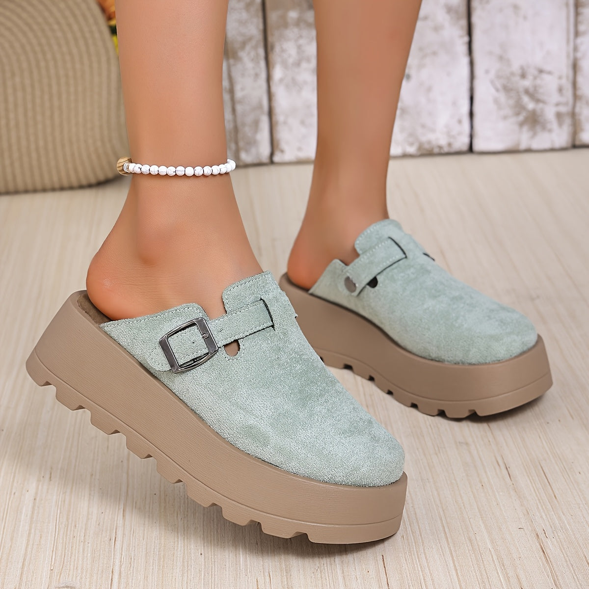 Women Beige Wedge Mules with Adjustable Buckle Slip-On Shoes