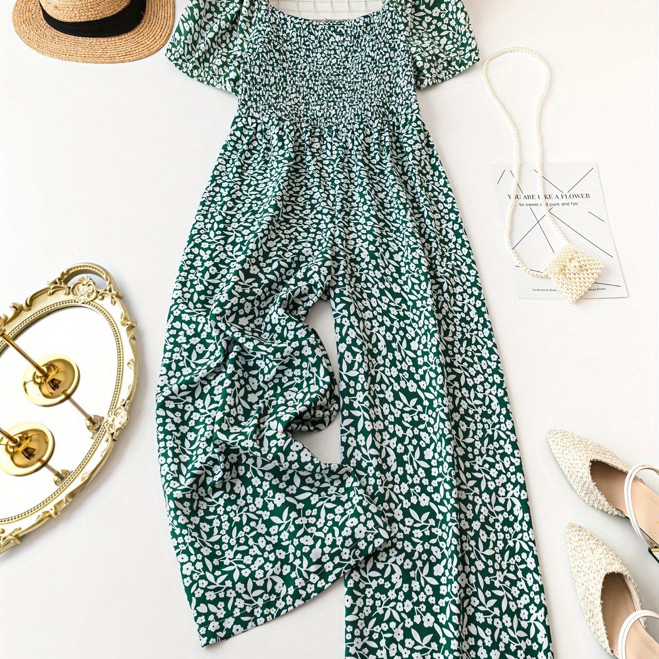 Plus Size Floral Jumpsuit Casual Short Sleeve Spring Summer Women