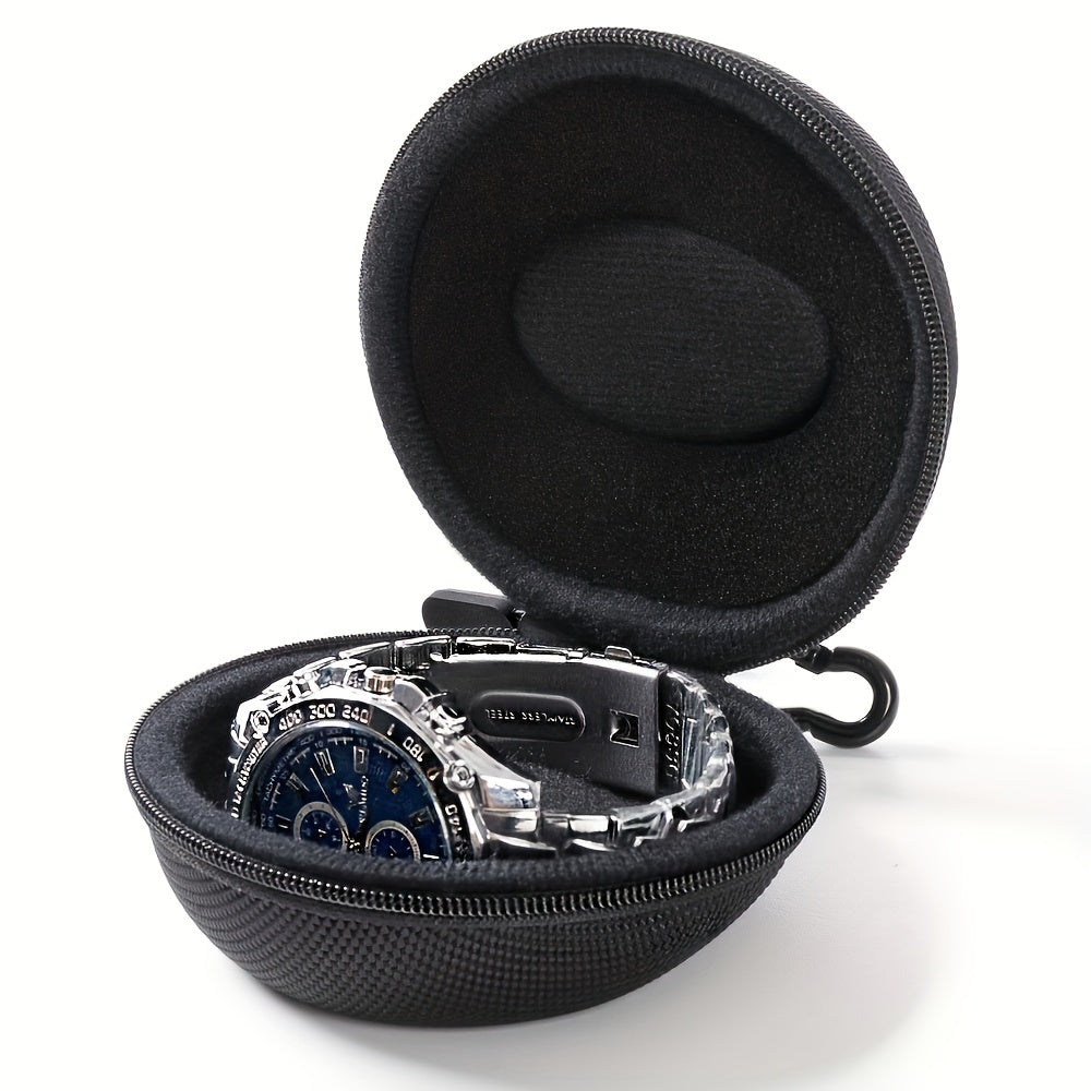 Black Round Portable Watch Case with Fabric Lining for Watches and Accessories
