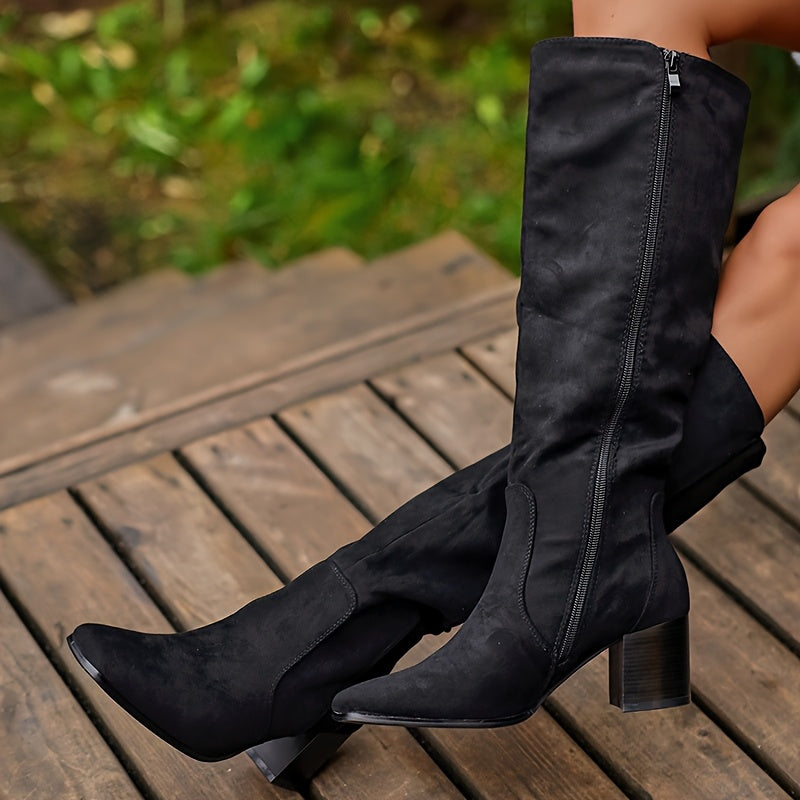 Women Knee High Boots Black Fabric Pointed Toe Mid Heel Dress Shoes